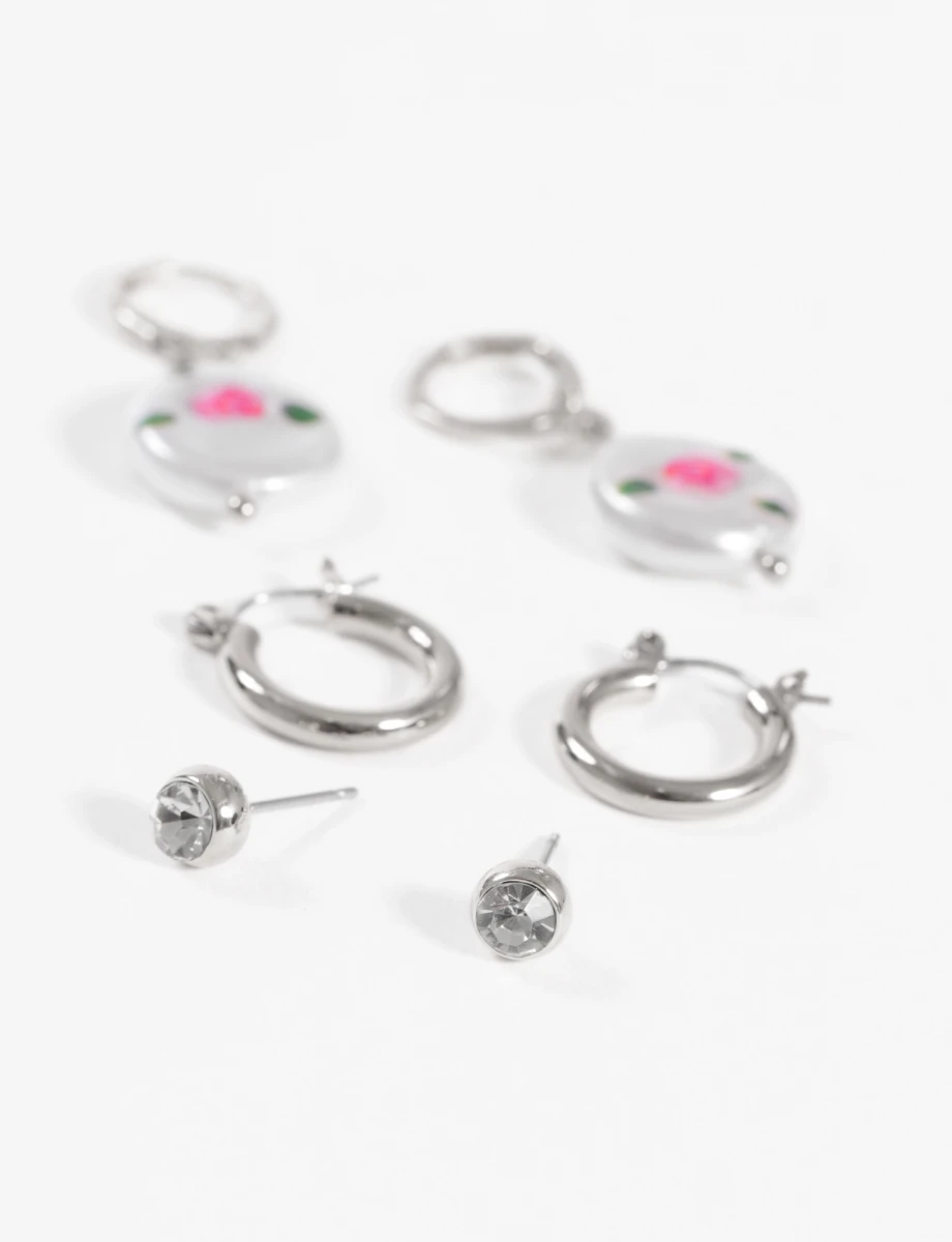 Set aros dije perla flor - plateado 