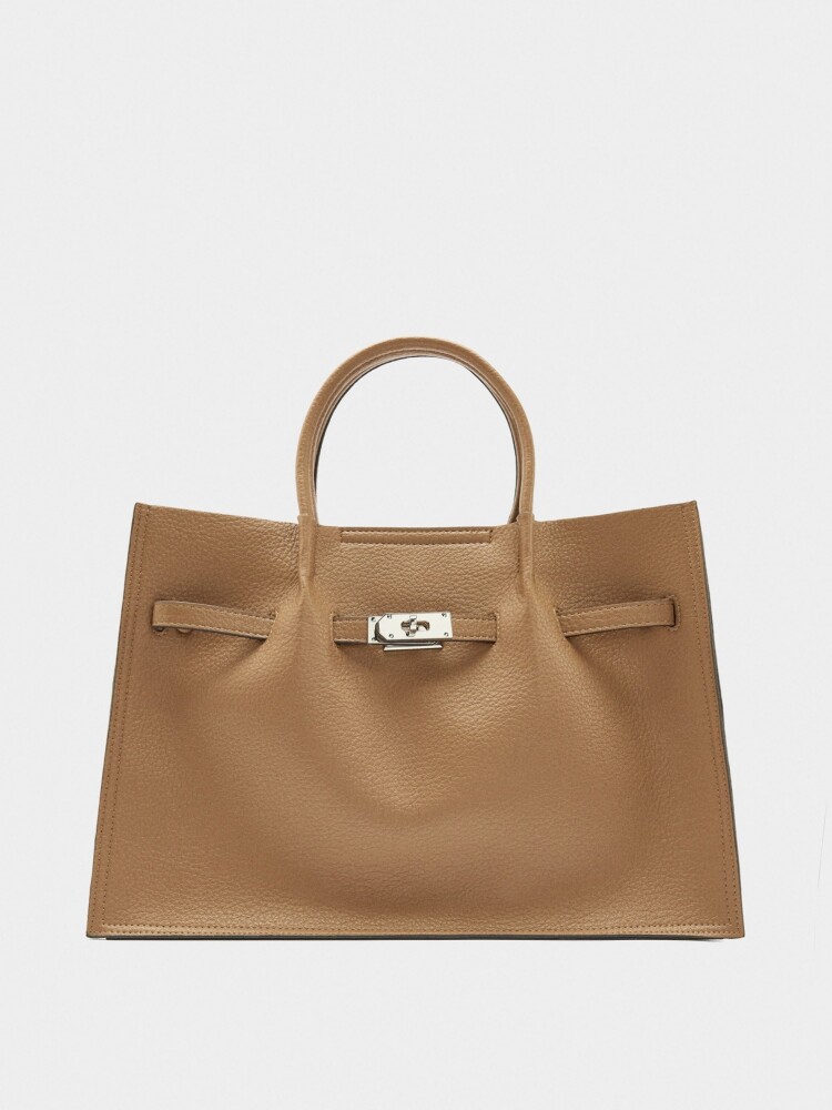 Bolso Tote Con Textura Y Cinturón camel