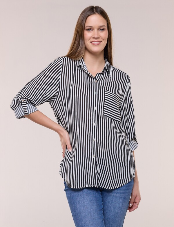 Camisa Clásica Rayada Con Mangas Arremangables NEGRO