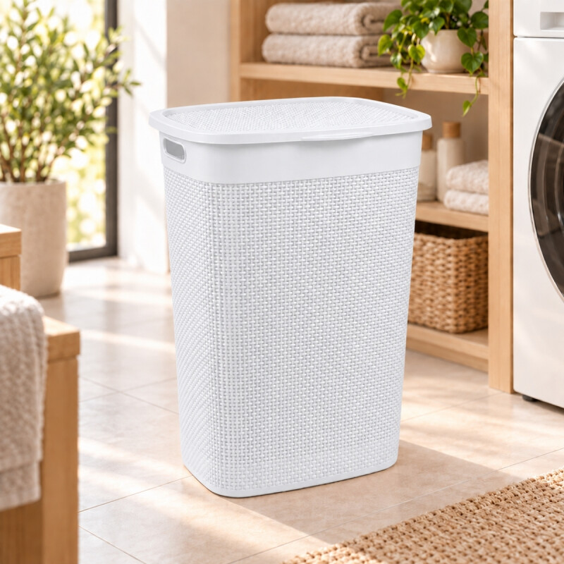 Cesto para ropa simil ratán con tapa 55 lts BLANCO