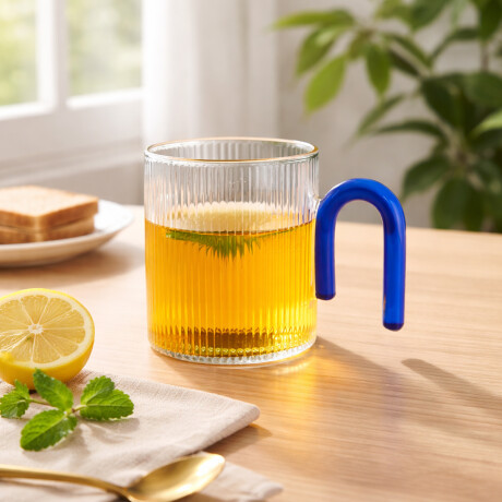 Taza facetada de vidrio con asa de color - 350ml Azul