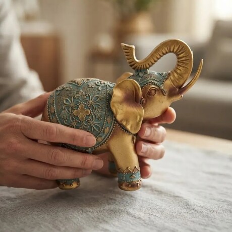 Elefante Decorativo Oro y Turquesa Trompa Arriba Elefante Decorativo Oro y Turquesa Trompa Arriba