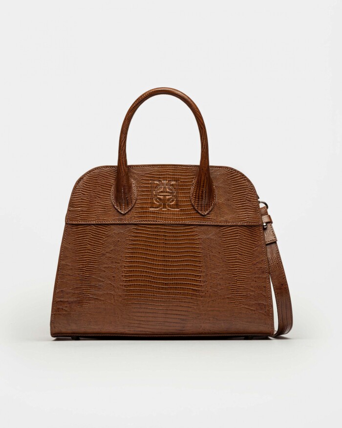 Cartera de Mano The Roots En Cuero Grabado Lagarto Tabaco