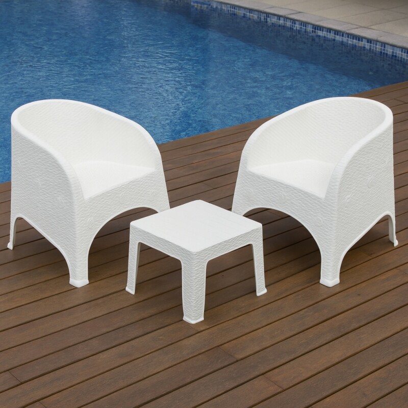 Set x2 sillones símil ratán + Mesa cuadrada BLANCO