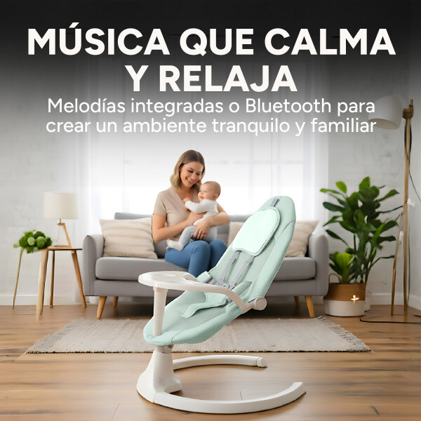 Silla Mecedora Bebé 5 Niveles Control Bluetooth Tul Mesita Color Verde