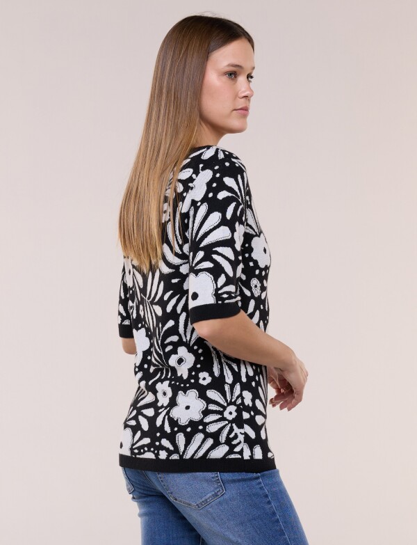 Buzo Tejido Manga Corta Con Estampado Floral NEGRO/GRIS