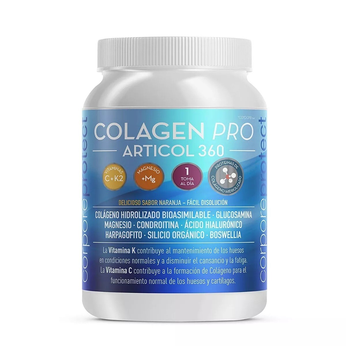 Colágeno Pro 360 + Vit C, K, Magnesio Sabor Naranja 300 Grs. 