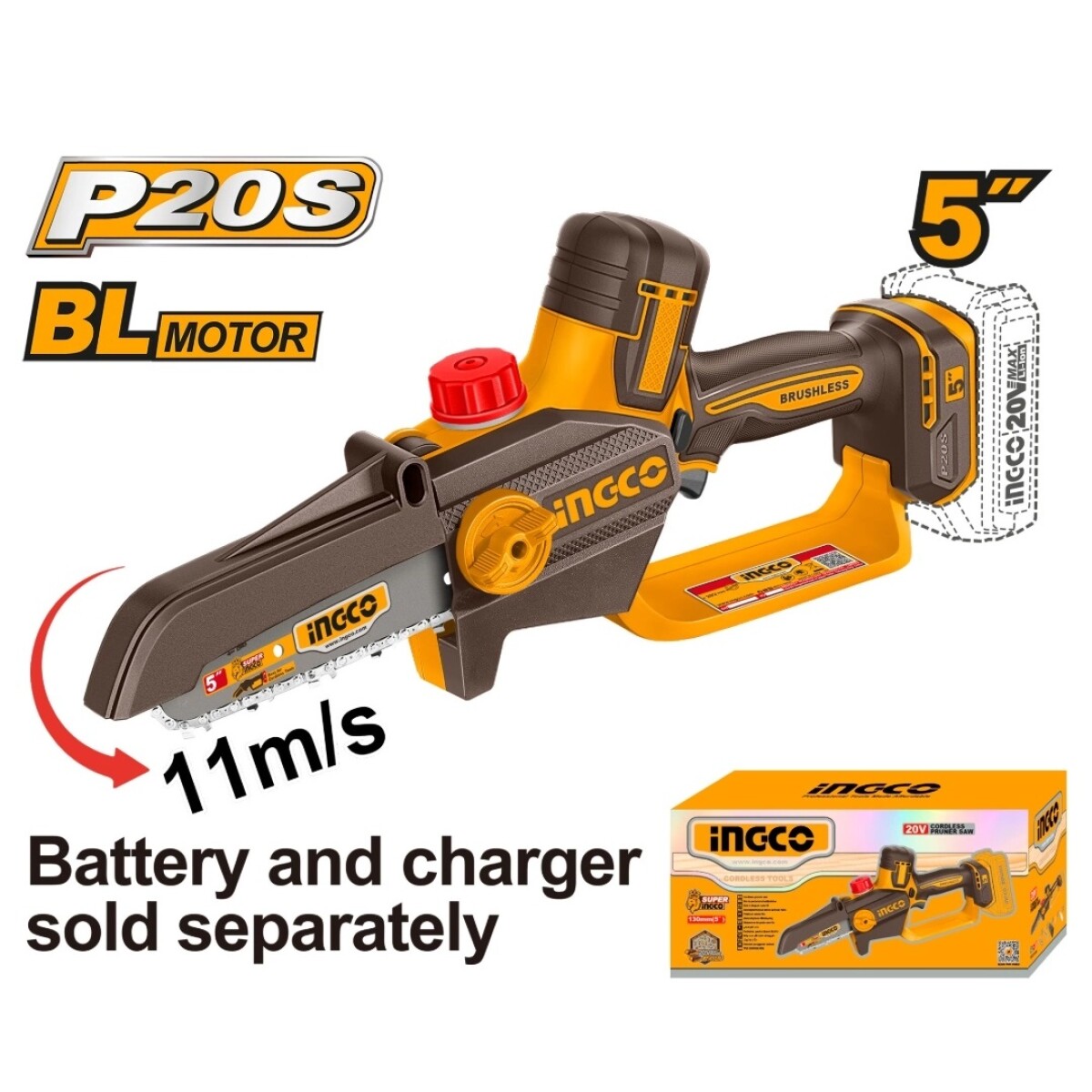 MOTOSIERRA A BATERIA 5" P20S 20V SIN BATERIA SIN CARGADOR IN - AMARILLO-NEGRO 