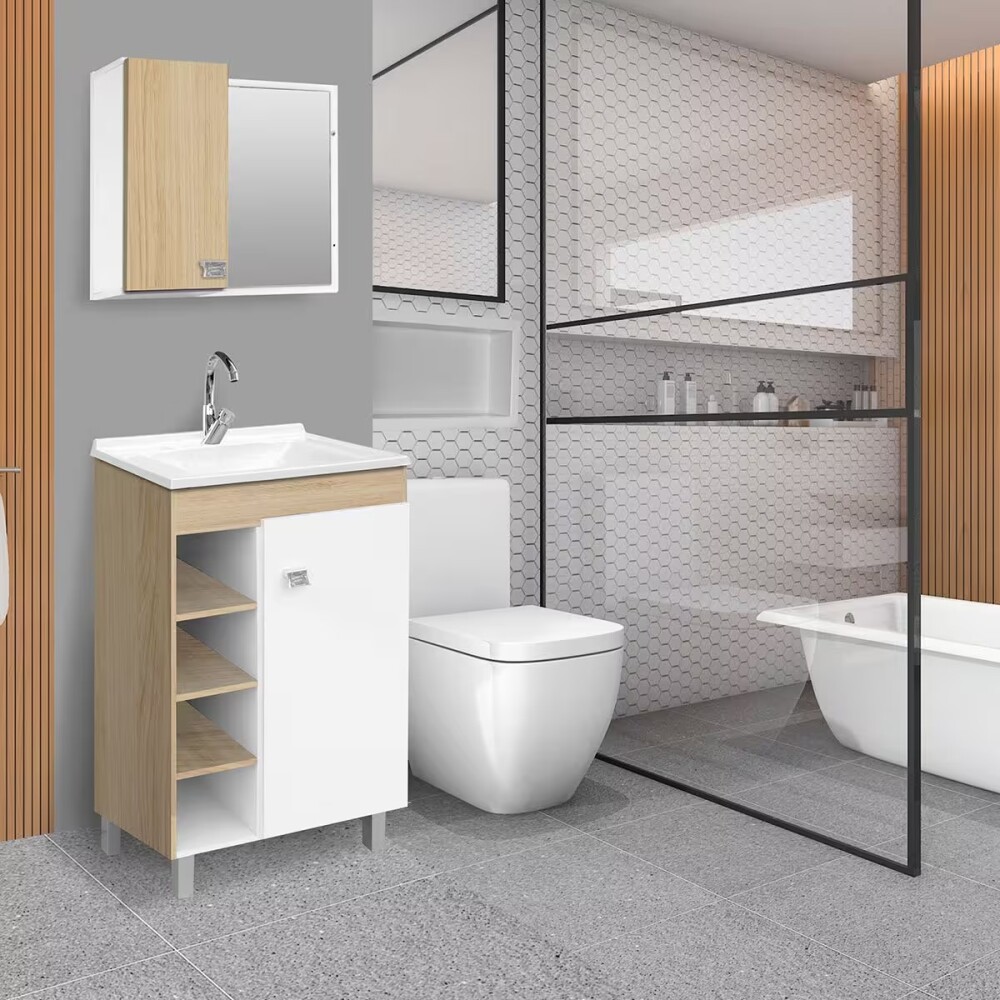 Mueble de baño de pie Sophia Roble 60cm bacha de resina natural y espejo con botiquín Mueble De Baño De Pie Sophia Roble 60cm Bacha De Resina Natural Y Espejo Con Botiquín