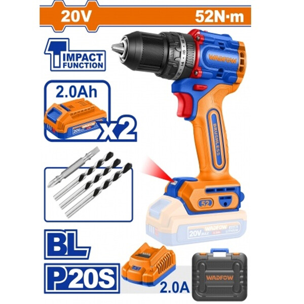 ATORNILLADOR WADFOW CON PERCUTOR A BATERIA 20V 52NM + 2 BAT 2.0AH + CARG + ACCES ATORNILLADOR WADFOW CON PERCUTOR A BATERIA 20V 52NM + 2 BAT 2.0AH + CARG + ACCES