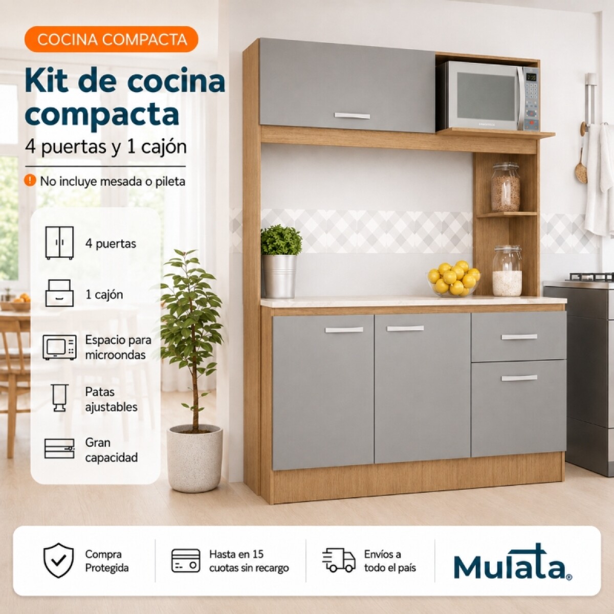 Kit de cocina compacta 4 puertas 1 cajón Patas Ajustables 141 x 50 x 185 cm - Carvale / Cinza 