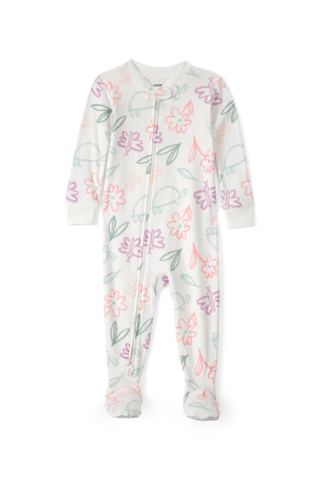 Pijama enterito de algodón con pie, diseño flores, tortugas y mariposas. Talles 12-24M Sin color