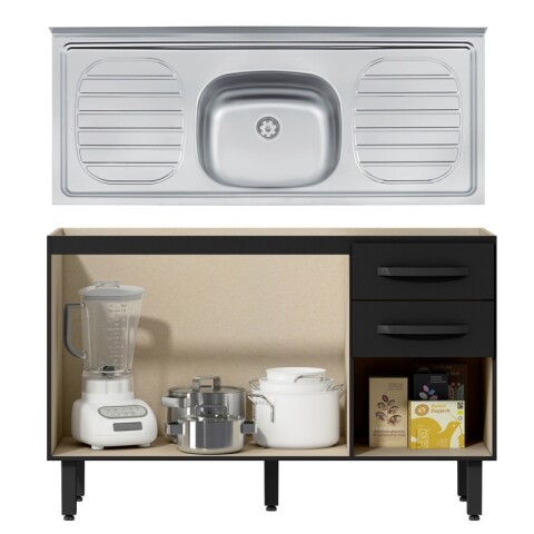 Bajo Mesada 3 Puertas y 2 Cajones con Pileta Central Tramontina Acero Inox - Negro Bajo Mesada 3 Puertas y 2 Cajones con Pileta Central Tramontina Acero Inox - Negro