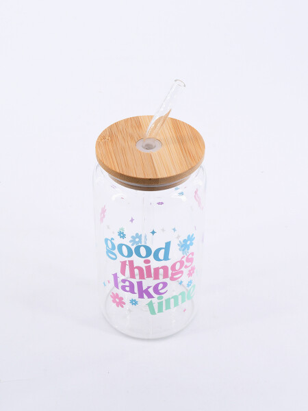 VASO VIDRIO CON SORBITO Y TAPA BAMBOO TRANSPARENTE