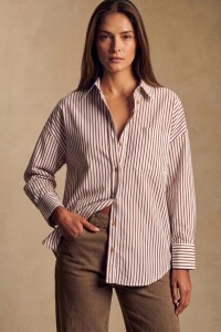 Camisa Rayada Con Lino Chocolate