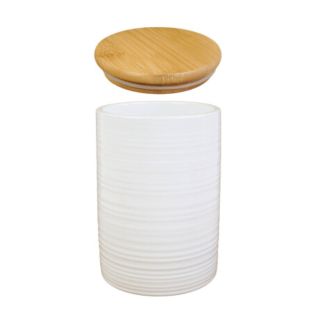 Recipiente de ceramica blanca con tapa de madera Recipiente de ceramica blanca con tapa de madera