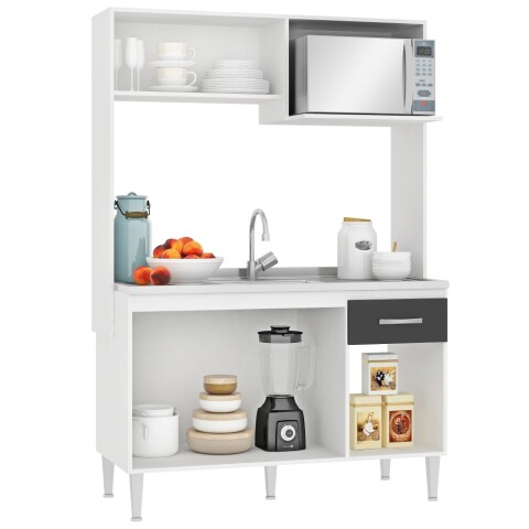 Kit de cocina compacta 4 puertas 1 cajón Patas Ajustables y Rieles Metálicos 122 x 52 x 187cm Blanco / Grafito