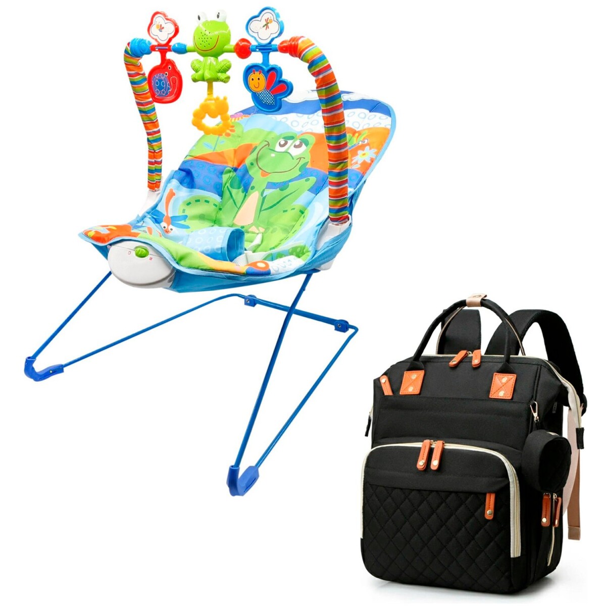 Silla Mecedora Bouncer Bebé + Mochila Maternal Impermeable - Variante Color Celeste Negro 