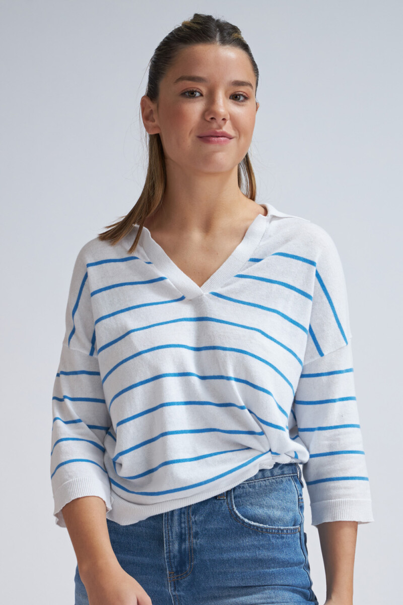 Sweater tejido cuello polo - Blanco con turquesa 