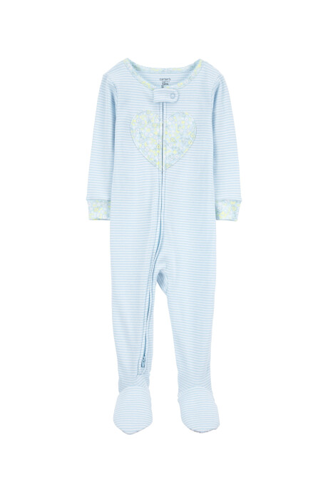 Pijama una pieza de algodón, con pie, celeste, estampa corazón. Talles 2-5T Pijama una pieza de algodón, con pie, celeste, estampa corazón. Talles 2-5T