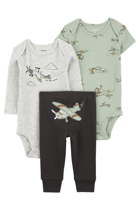 Set tres piezas de algodón, pantalón y dos bodies, diseño aviones Set tres piezas de algodón, pantalón y dos bodies, diseño aviones