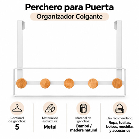 Perchero Puerta 5 Ganchos Metal Bambú Organizador Blanco