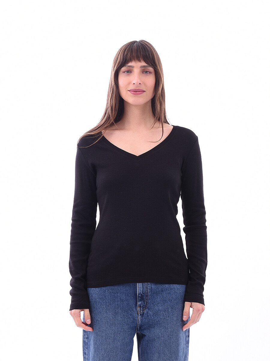 REMERA BASICA PETRA RIBB - NEGRO 