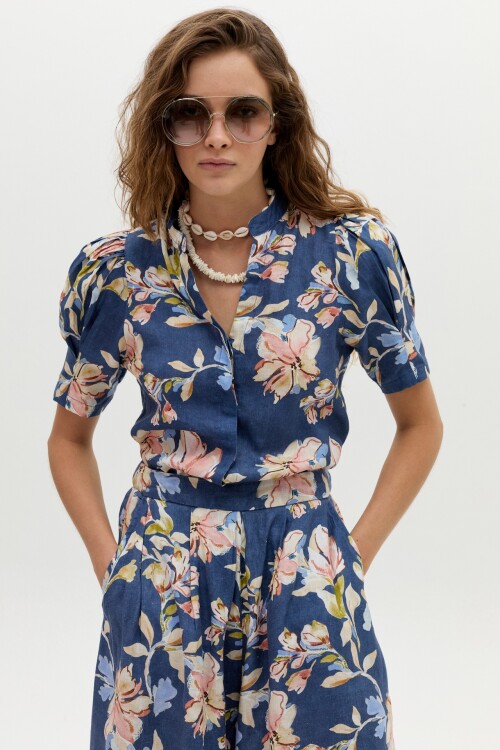 Camisa Athina en Lino Blue Poppy Print