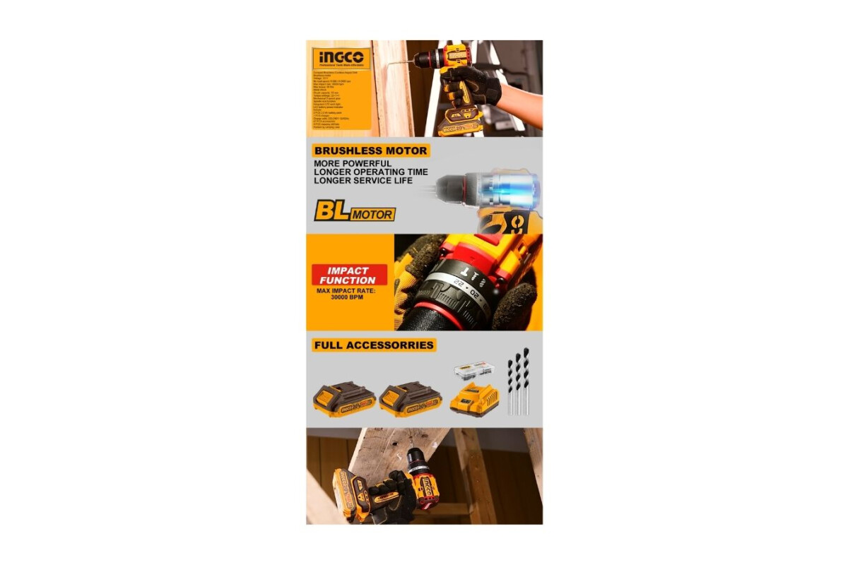 TALADRO ATORNILLADOR C/PERCUTOR A BATERIA 13MM COMPACT BRUSHLESS 20V P20S EN VALIJA C/2 BAT + 47 ACCESORIOS TALADRO ATORNILLADOR C/PERCUTOR A BATERIA 13MM COMPACT BRUSHLESS 20V P20S EN VALIJA C/2 BAT + 47 ACCESORIOS