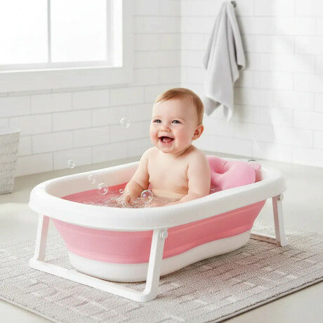 Bañera P/Bebé Pleg C/Soporte, Drenaje y Base Antideslizante Rosa Claro