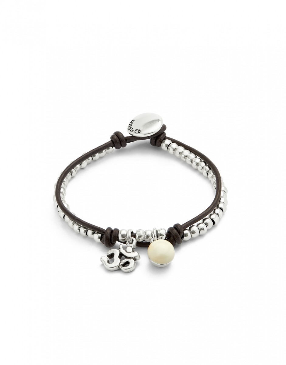 PULSERA EN ALEACIÓN DE METALES BAÑADAS EN PLATA DE LEY CON CUERO Y CRISTAL DE MURANO MARFIL - Pulsera 