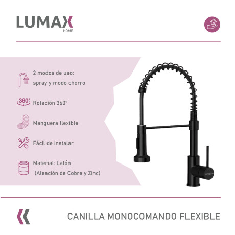 Canilla Monomando Lavaplatos Flexible Griferia Cocina Negro Mate