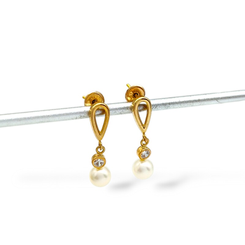 Caravanas Gotas Perlas y Solitario - Oro bajo - Perla de río- CA8220 conperla