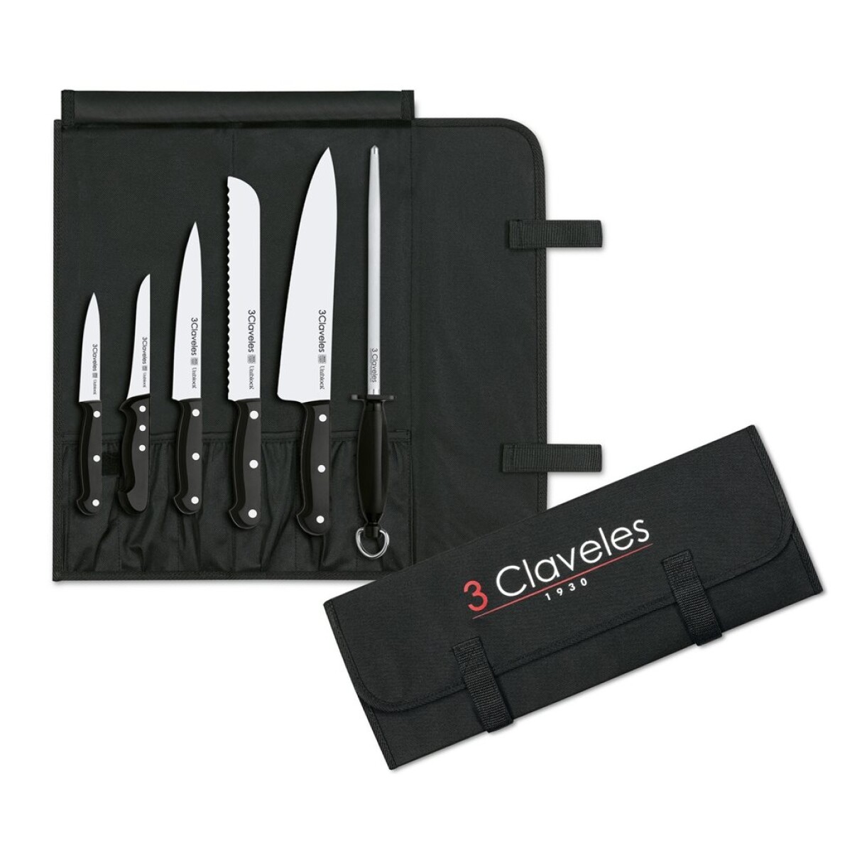 ESTUCHE COCINERO 5 CUCHILLOS + 1 CHAIRA + ESTUCHE 3 CLAVELES 