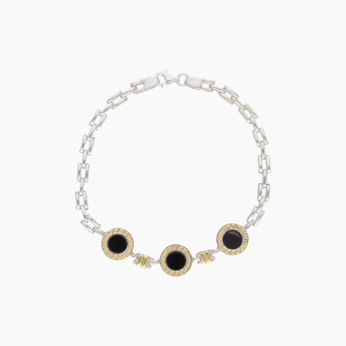 Pulsera En Plata Y Oro Estilo Pantther Con Diseño De Guarda Griega Y 3 ónix 
