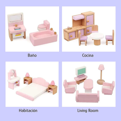 Set Muebles De Madera Para Casa Muñecas 22 Piezas Infantil Rosado