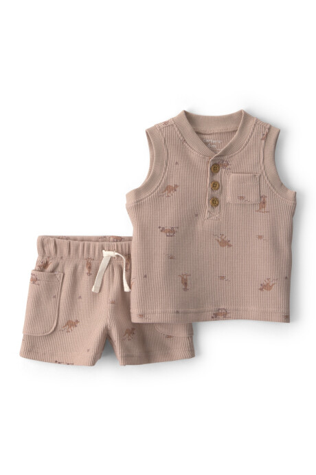 Set dos piezas de algodón térmico, short y musculosa, marrón, diseño safari Sin color