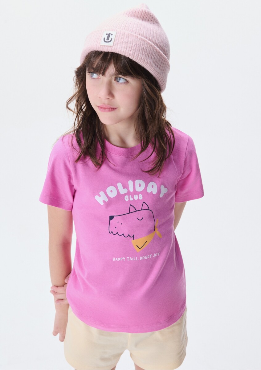CAMISETA BÁSICA INFANTIL CON ESTAMPA - ROSADO 