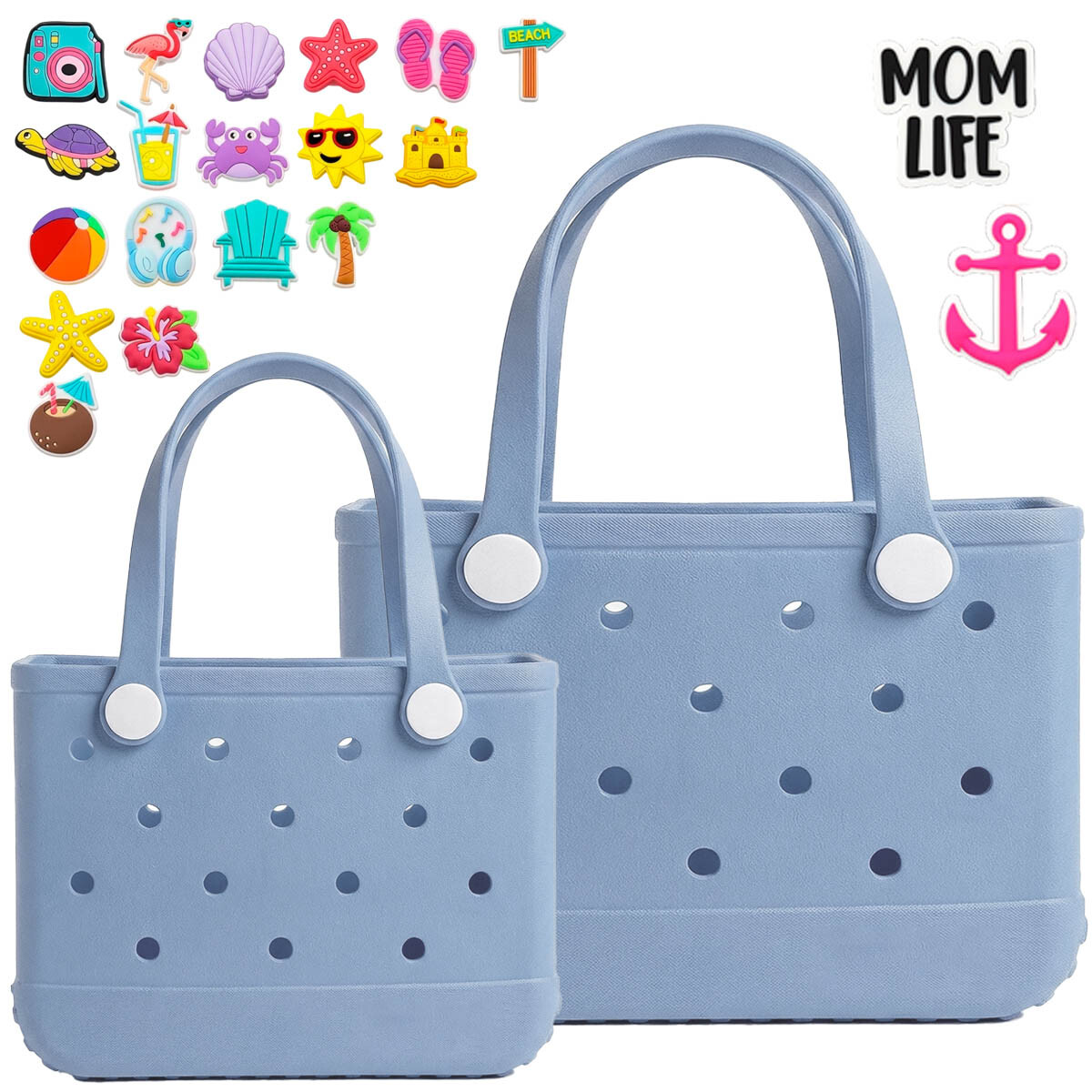 Set X2 Bolsos Carteras Compras Playera Goma +20 Pines - Azul 