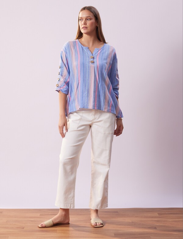 Blusa Algodon Botones MULTI/CELESTE