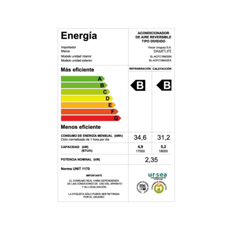 Aire Acondicionado Smartlife SL-ACFC18M32 18000 BTU On Off