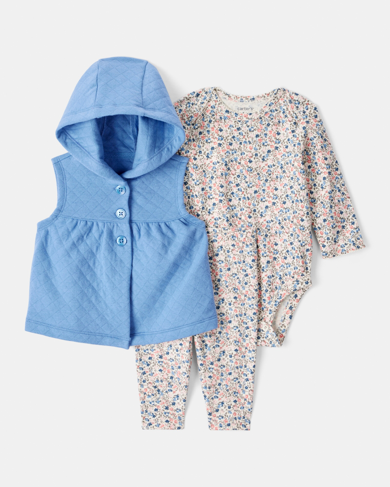 Set tres piezas de algodón, chaleco capitoneado, pantalón y body diseño floral Set tres piezas de algodón, chaleco capitoneado, pantalón y body diseño floral
