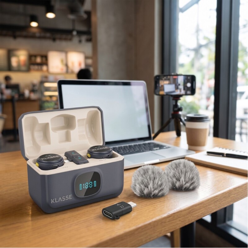 Set x2 Micrófonos Solapero Klasse con Estuche de Carga | USB-C + Lightning | Corbatero Set x2 Micrófonos Solapero Klasse con Estuche de Carga | USB-C + Lightning | Corbatero