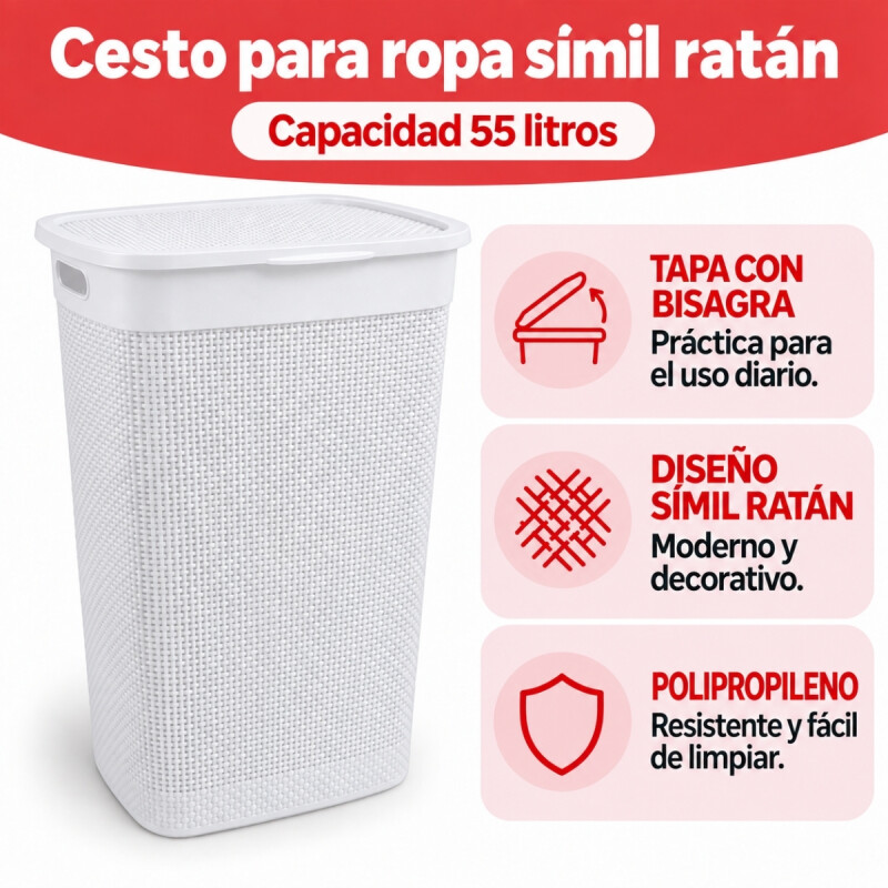 Cesto para ropa simil ratán con tapa 55 lts BLANCO