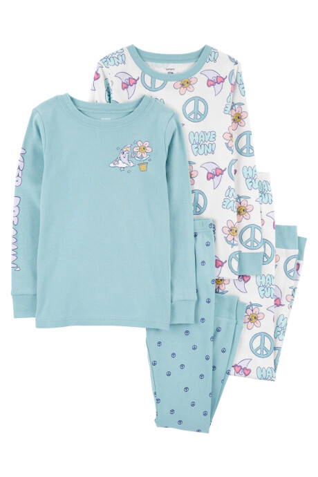 Pijama cuatro piezas de algodón, dos pantalones y dos remeras, estampados Sin color