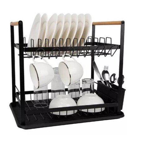 Escurridor de platos 2 pisos metal con madera Negro