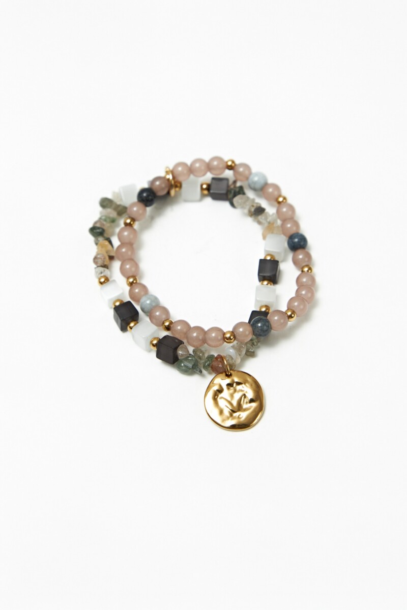 Pulsera piedras naturales con dije acero dorado