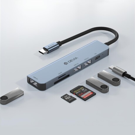 ADAPTADOR HUB 5 EN 1 USB-C A USB 3.0*3 + PD + LECTOR SD DEVIA LEOPARD (updated) Grey
