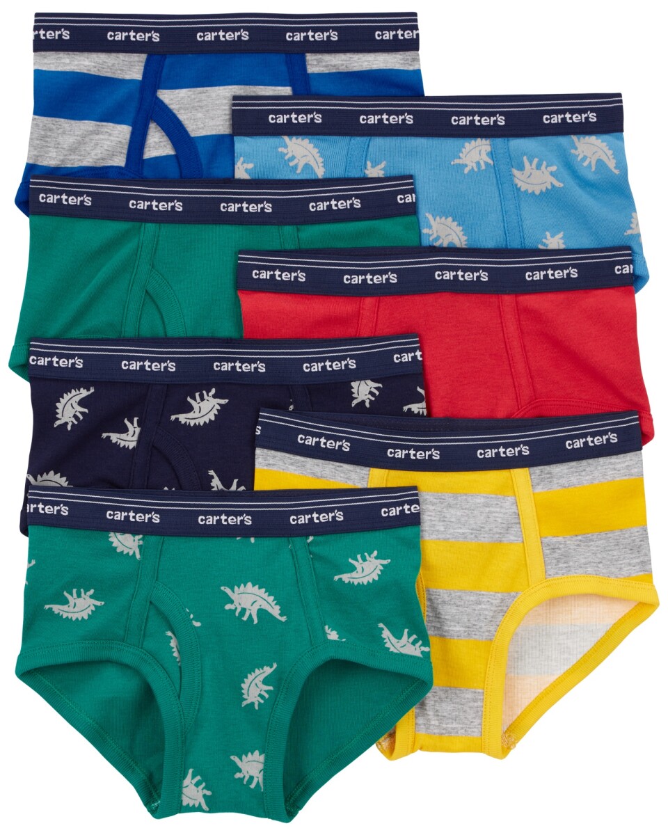 Pack siete calzoncillos slip de algodón, diseños dinos, lisos y rayas. Talles 2/3T-4/5T 