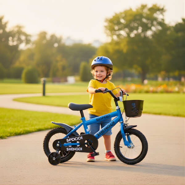 Bicicleta Infantil Shengdi R12 Canasto Rueditas Guardabarro Azul 1